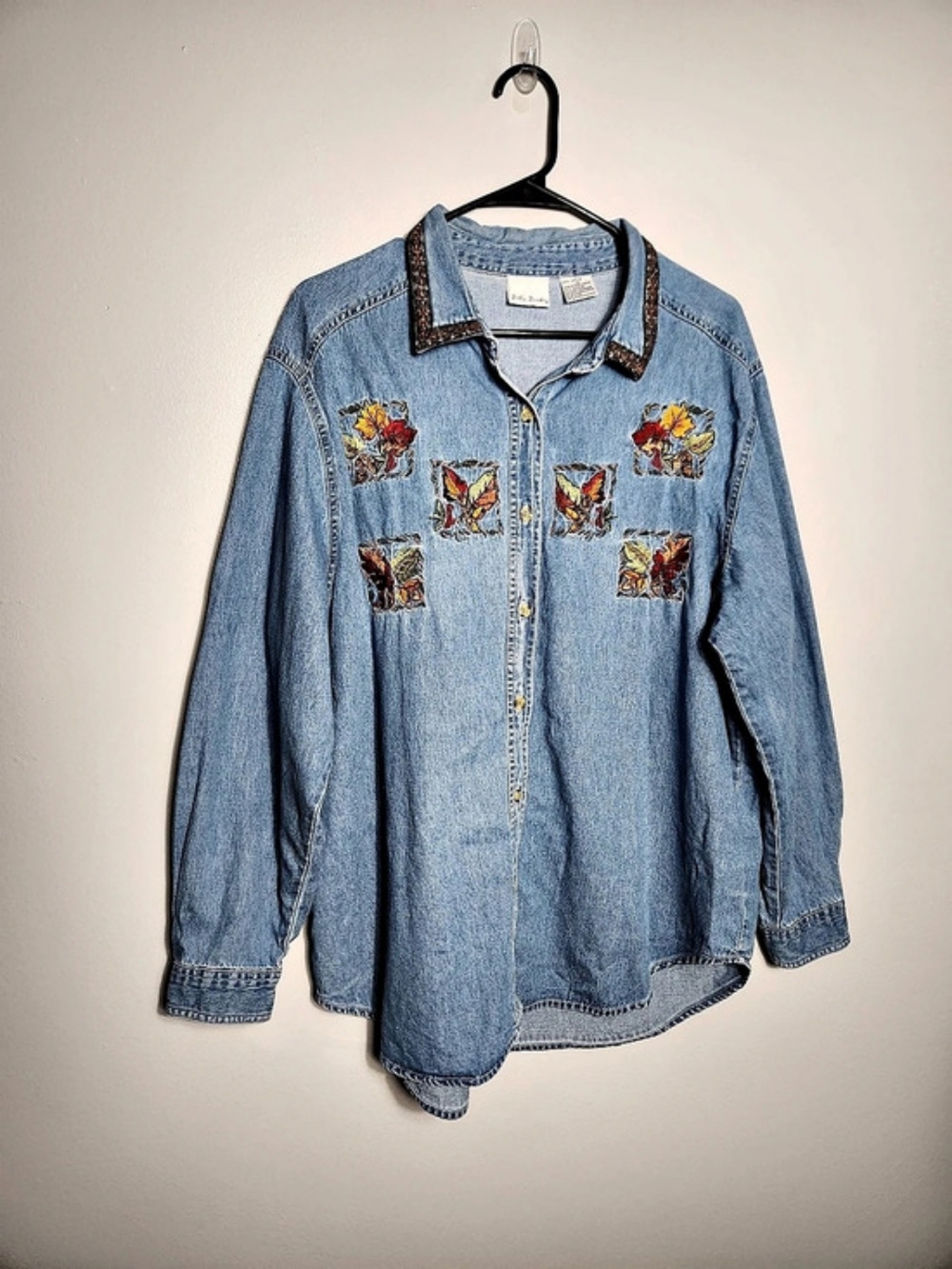 Vintage Bobbie Brooks Fall Autumn Leaves Embroidered Denim Shirt Shacket Size XL